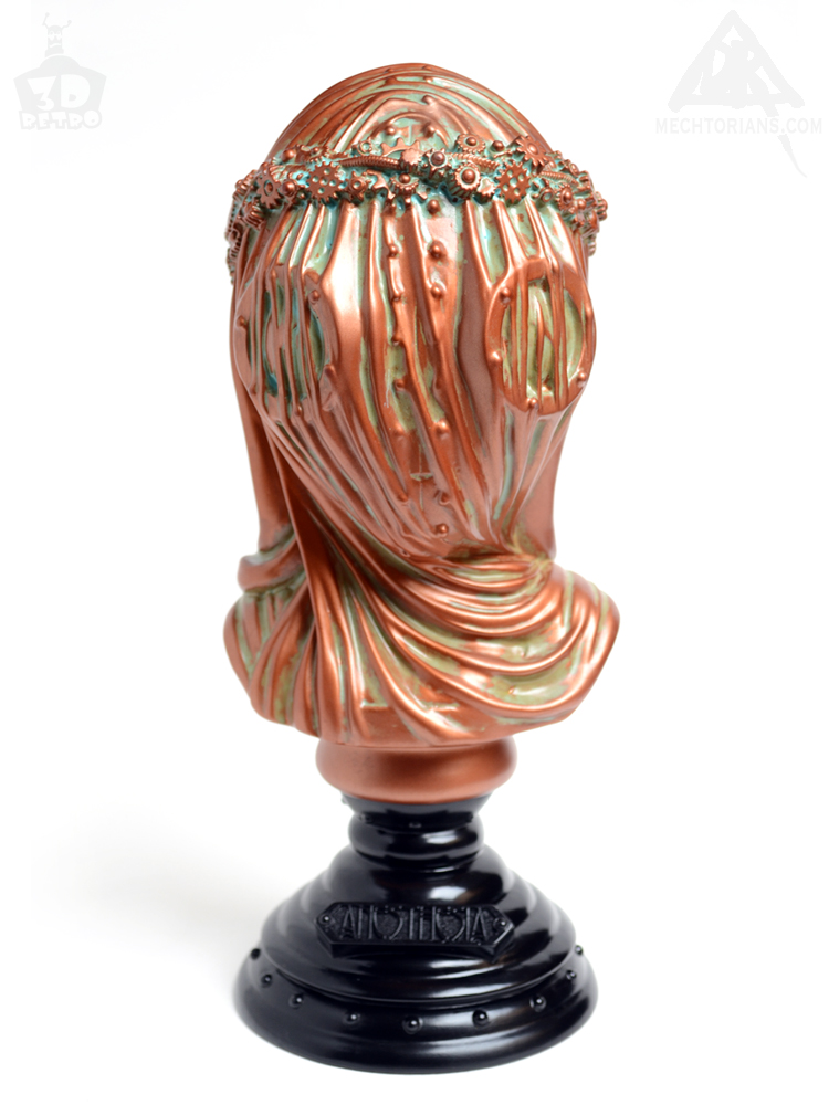 Anesthesia Veiled robotic lady Bust. Vinyl art collectible by Doktor A and 3D Retro. Sculpted by Bruce Whistlecraft. Bronze Verdigris Usher edition.